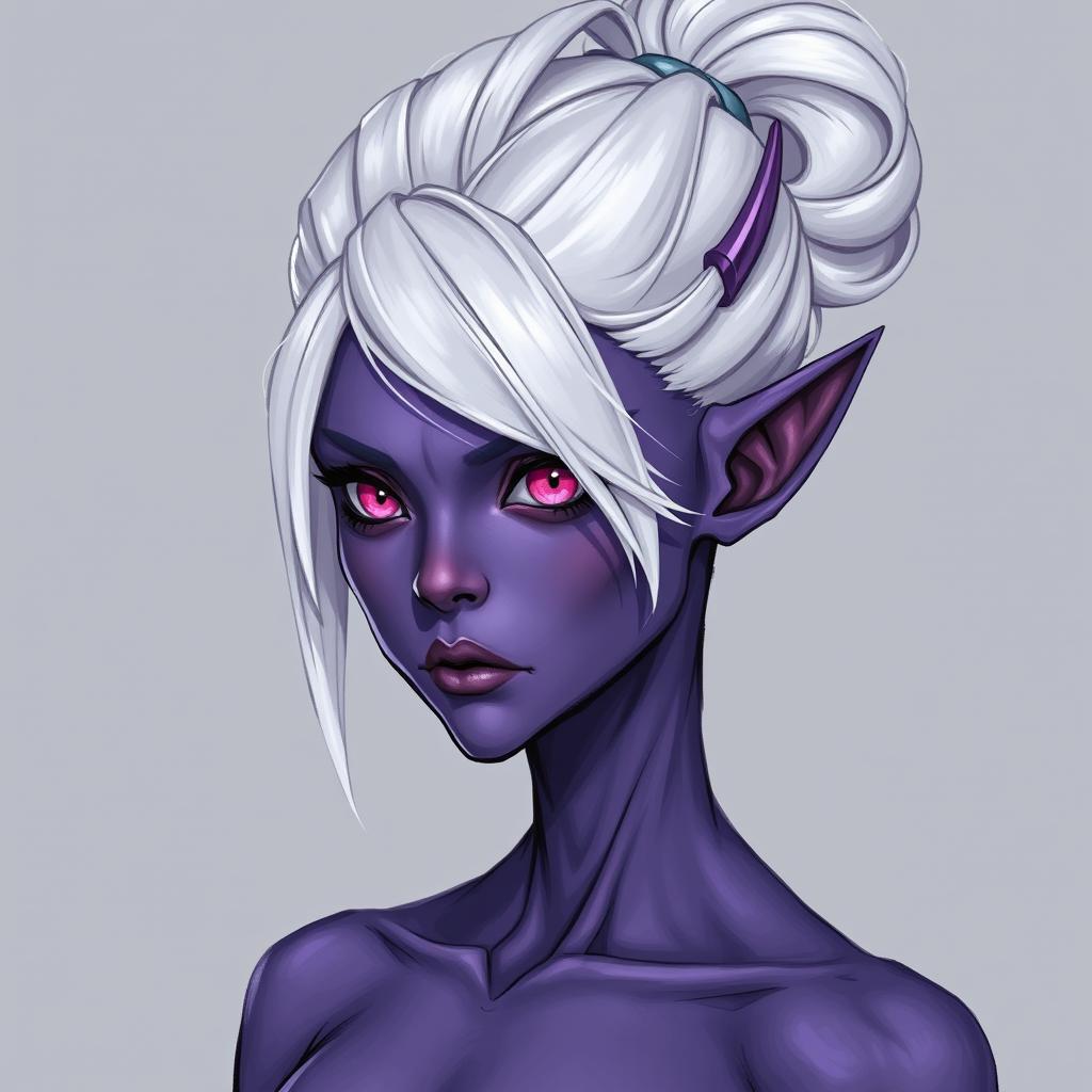 A detailed illustration of a drow character with purple skin and white hair styled in a bun