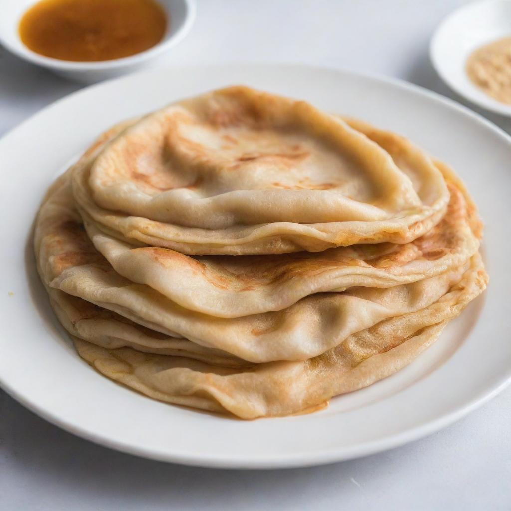 A meticulous representation of a Malaysian roti canai, featuring golden-brown, multi-layered flatbread against a white plate background