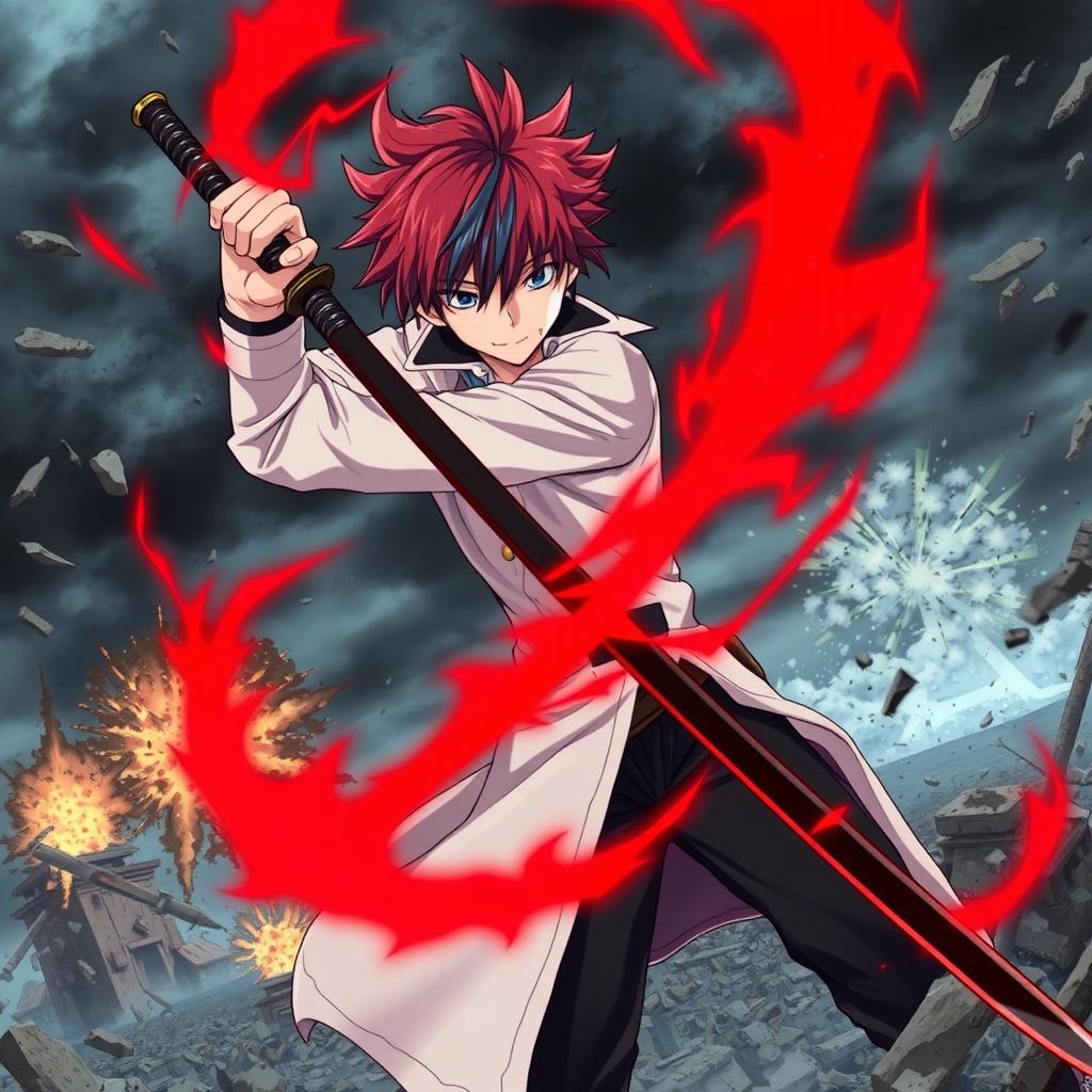 A dynamic scene featuring an anime boy with red hair and blue streaks