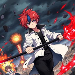 A dynamic scene featuring an anime boy with red hair and blue streaks