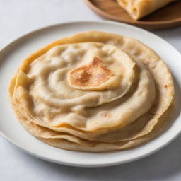 A meticulous representation of a Malaysian roti canai, featuring golden-brown, multi-layered flatbread against a white plate background