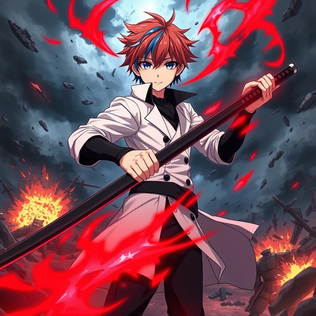 A dynamic scene featuring an anime boy with red hair and blue streaks