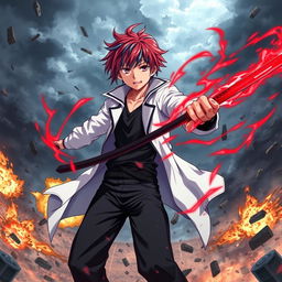 A dynamic scene featuring an anime boy with red hair and blue streaks