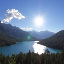 A beautiful landscape featuring a serene lake surrounded by lush green forests and majestic mountains in the background