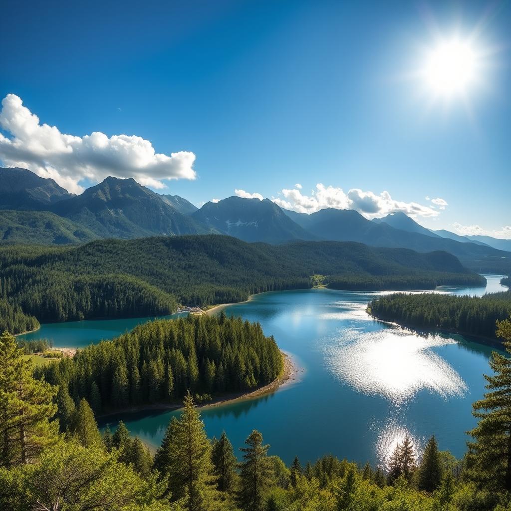 A beautiful landscape featuring a serene lake surrounded by lush green forests and majestic mountains in the background