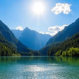 A beautiful landscape featuring a serene lake surrounded by lush green forests and majestic mountains in the background