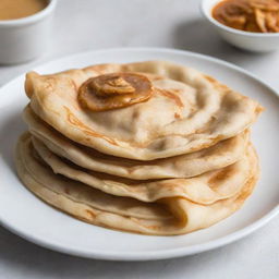 A meticulous representation of a Malaysian roti canai, featuring golden-brown, multi-layered flatbread against a white plate background