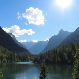 A beautiful landscape featuring a serene lake surrounded by lush green forests and majestic mountains in the background