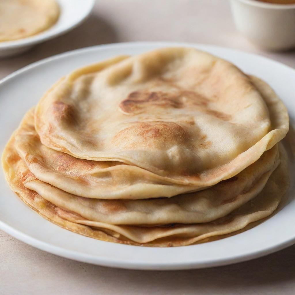 A meticulous representation of a Malaysian roti canai, featuring golden-brown, multi-layered flatbread against a white plate background