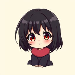 An adorable anime-style baby girl with black hair and red eyes