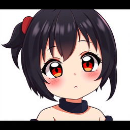 An adorable anime-style baby girl with black hair and red eyes