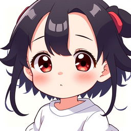 An adorable anime-style baby girl with black hair and red eyes