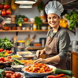 A vibrant kitchen scene with a person cooking a delicious meal