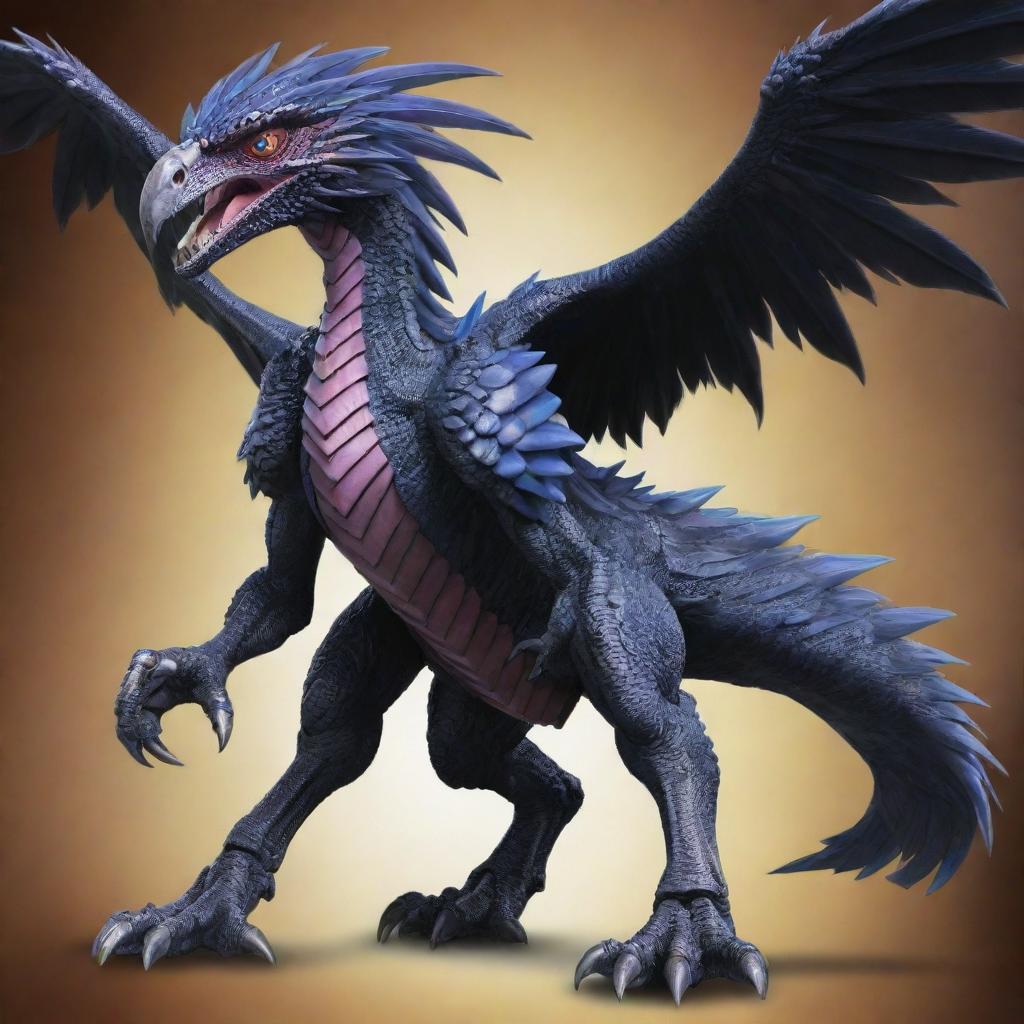 Generate an image of a Raidraptor monster from Yu-Gi-Oh, detailed with dark feathers, fierce claws, and formidable battle armor.