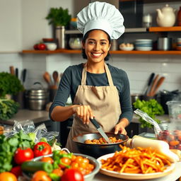 A vibrant kitchen scene with a person cooking a delicious meal