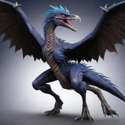 Generate an image of a Raidraptor monster from Yu-Gi-Oh, detailed with dark feathers, fierce claws, and formidable battle armor.