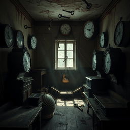 A haunting scene inside an asylum where time loops endlessly