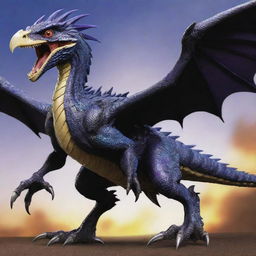 Generate an image of a Raidraptor monster from Yu-Gi-Oh, detailed with dark feathers, fierce claws, and formidable battle armor.