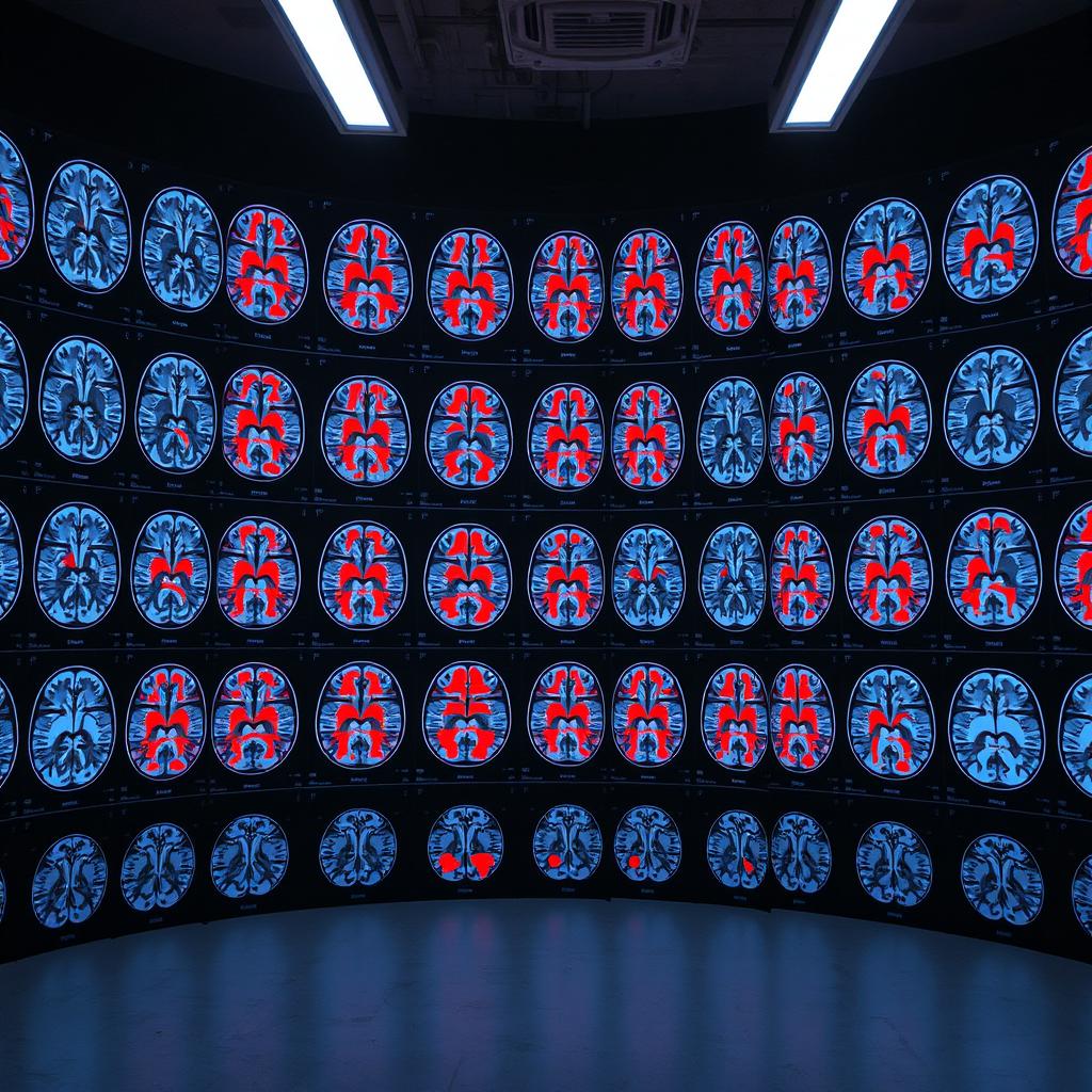 In a laboratory, cold white light from fluorescent tubes illuminates the dark walls, which are covered with various brain scan images