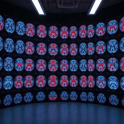 In a laboratory, cold white light from fluorescent tubes illuminates the dark walls, which are covered with various brain scan images