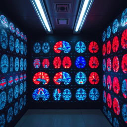 In a laboratory, cold white light from fluorescent tubes illuminates the dark walls, which are covered with various brain scan images