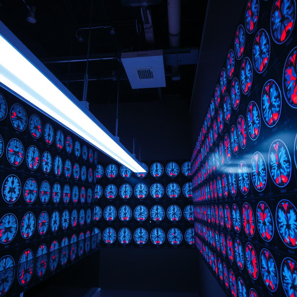 In a laboratory, cold white light from fluorescent tubes illuminates the dark walls, which are covered with various brain scan images