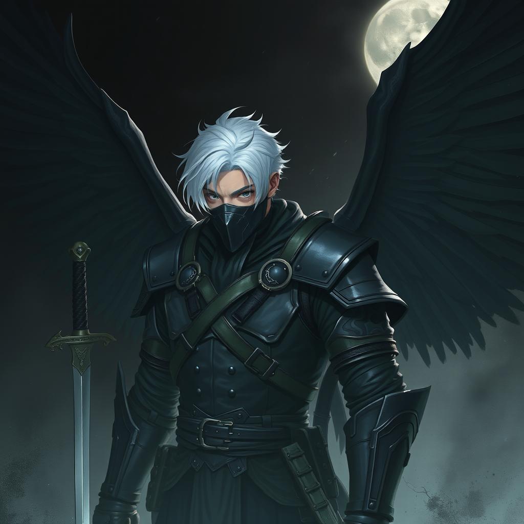 A man with short white hair wearing leather armor, black wings, two swords, and a mask covering his mouth