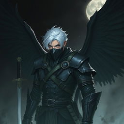 A man with short white hair wearing leather armor, black wings, two swords, and a mask covering his mouth