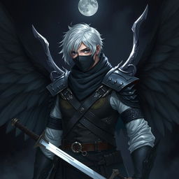 A man with short white hair wearing leather armor, black wings, two swords, and a mask covering his mouth