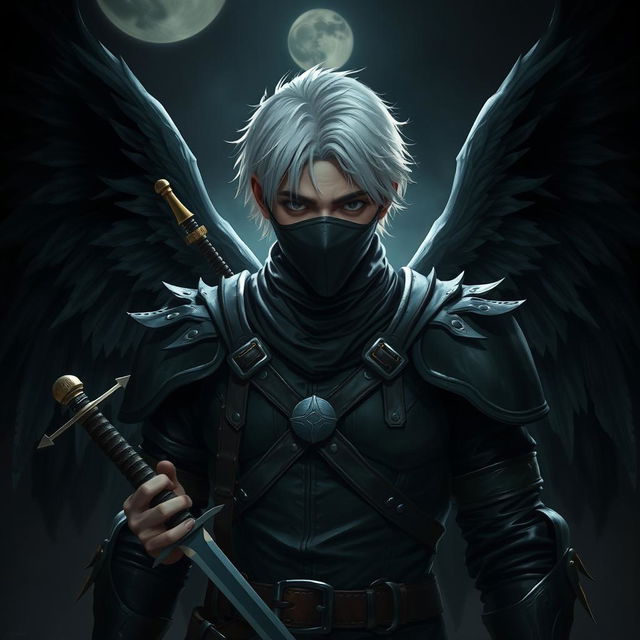 A man with short white hair wearing leather armor, black wings, two swords, and a mask covering his mouth