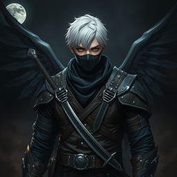 A man with short white hair wearing leather armor, black wings, two swords, and a mask covering his mouth