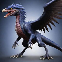 Generate an image of a Raidraptor monster from Yu-Gi-Oh, detailed with dark feathers, fierce claws, and formidable battle armor.