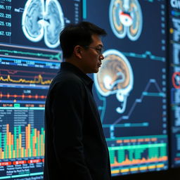 Gu Han stands in front of a massive display screen, his eyes tense and focused