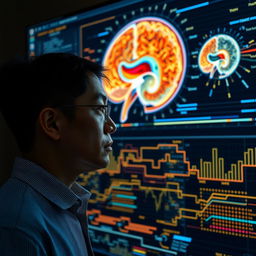 Gu Han stands in front of a massive display screen, his eyes tense and focused