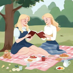 An illustration of two young blonde women having a picnic