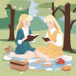 An illustration of two young blonde women having a picnic