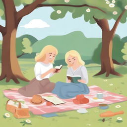 An illustration of two young blonde women having a picnic