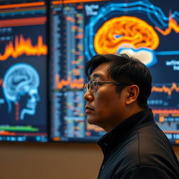 Gu Han stands in front of a massive display screen, his eyes tense and focused