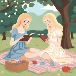 An illustration of two young blonde women having a picnic