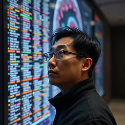 Gu Han stands in front of a massive display screen, his eyes tense and focused