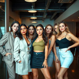 A group of attractive women posing confidently in a stylish setting