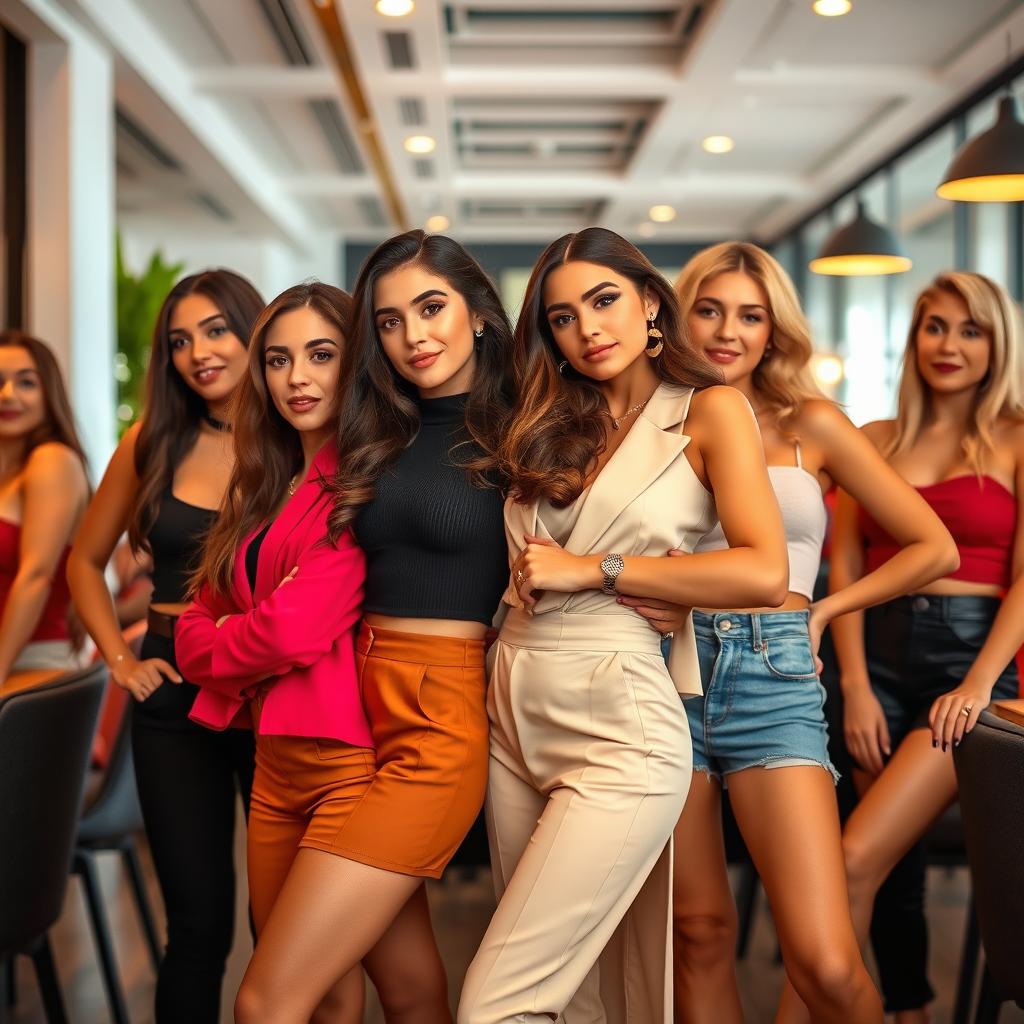 A group of attractive women posing confidently in a stylish setting