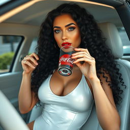 A full-body image of a tall Turkish woman with long, curly black hair, gray eyes, red lips, long false eyelashes, and perfect eyebrows