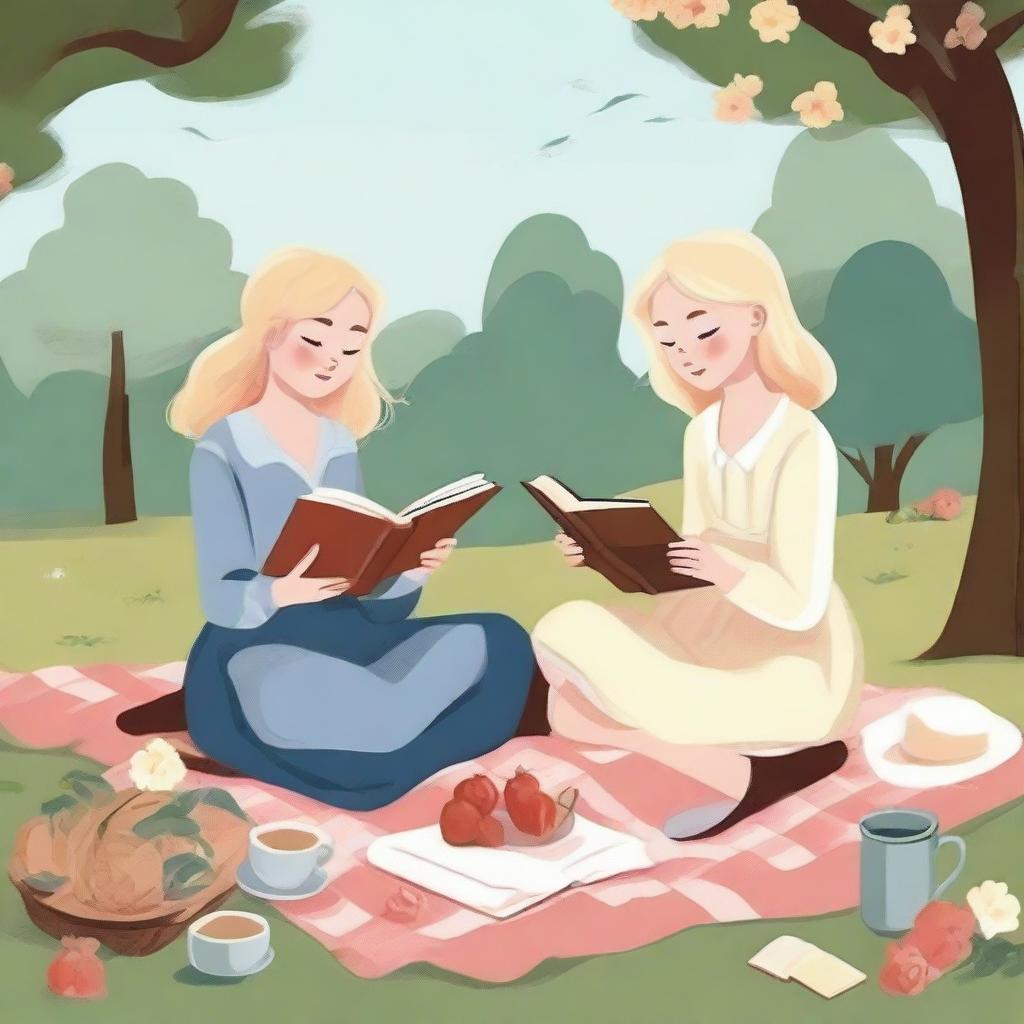 An illustration of two young blonde women having a picnic