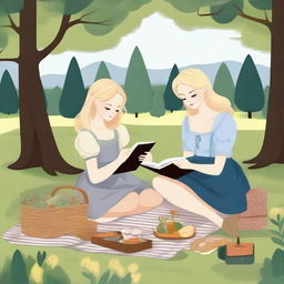 An illustration of two young blonde women having a picnic