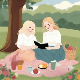 An illustration of two young blonde women having a picnic