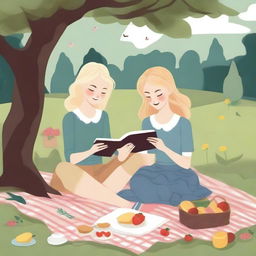 An illustration of two young blonde women having a picnic