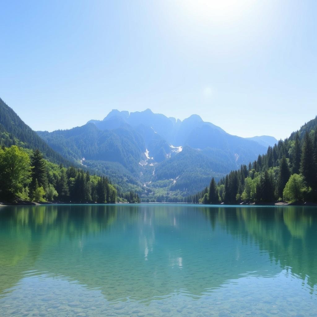 A serene landscape featuring a clear blue lake surrounded by lush green trees and mountains in the background under a bright sunny sky