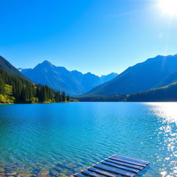 A serene landscape featuring a clear blue lake surrounded by lush green trees and mountains in the background under a bright sunny sky