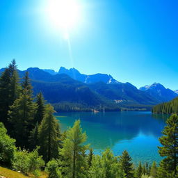 A serene landscape featuring a clear blue lake surrounded by lush green trees and mountains in the background under a bright sunny sky